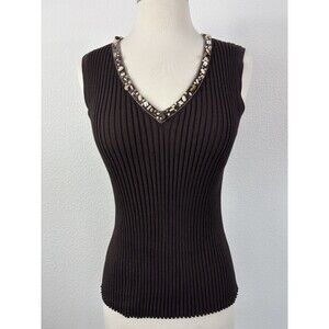 Y2K Womens Ribbed V-Neck Top XL Brown Beaded Trim World Republic Deep V